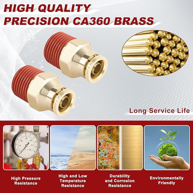 3/8" Quick Push to Connect Fittings Brass Union Straight Joint DOT Approved 3/8" Tube OD x 3/8" NPT Thread Air Line Adapter Air Suspension Kit for Truck Trailers and Air Brake System 10pcs