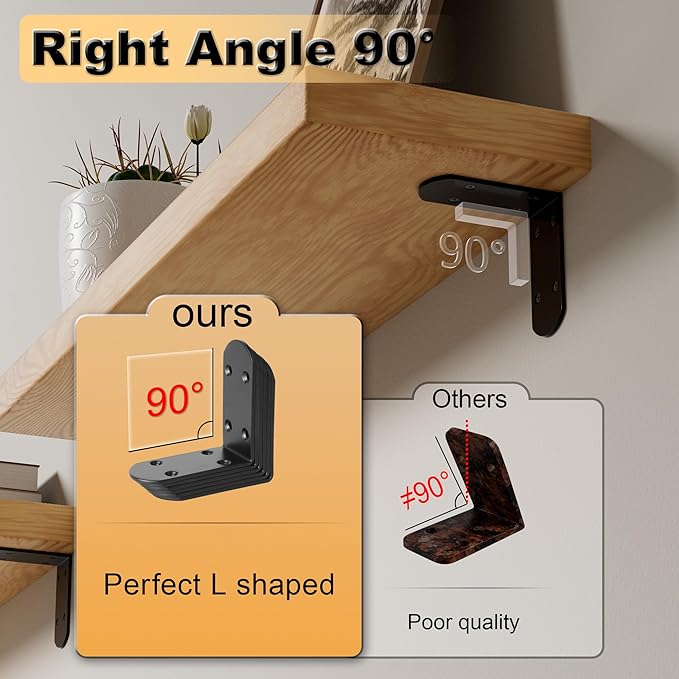 Alise 4Pcs Stainless Steel L Brackets for Shelves Black, Small Floating Shelf Brackets, 90 Degree Right Angle Bracket, Heavy Duty Metal L Bracket Corner Brackets for Wood Furniture (3.35X3.35 in)