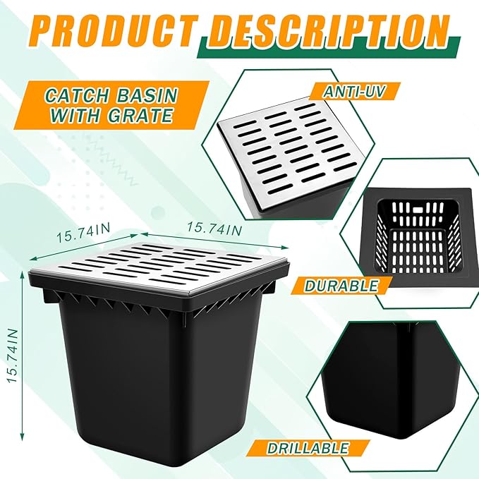Catch Basin with 304 Stainless Steel Grate 18 x 18 x 15 Inch Square Large Catch Basin for Drainage with Debris Basket French Drain Without Reserved Hole for Yard, Downspout, Municipal Pipeline
