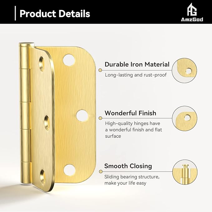 Door Hinges Satin Brass - 30 Pack Gold Door Hinges 3.5 Inch Rounded Interior Door Hinge with 5/8" Radius - 3 1/2 Inches Flat Iron Brass Hinges for Residential Standard Doors