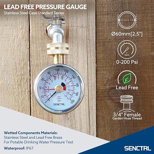 SENCTRL 0-200 Psi Water Pressure Gauge Test with Lazy Hand, Lead-Free, Waterproof, 2.5" Dial Size, 3/4" Female Garden Hose Thread, Stainless Steel Case, for Home Potable Water, House Tube