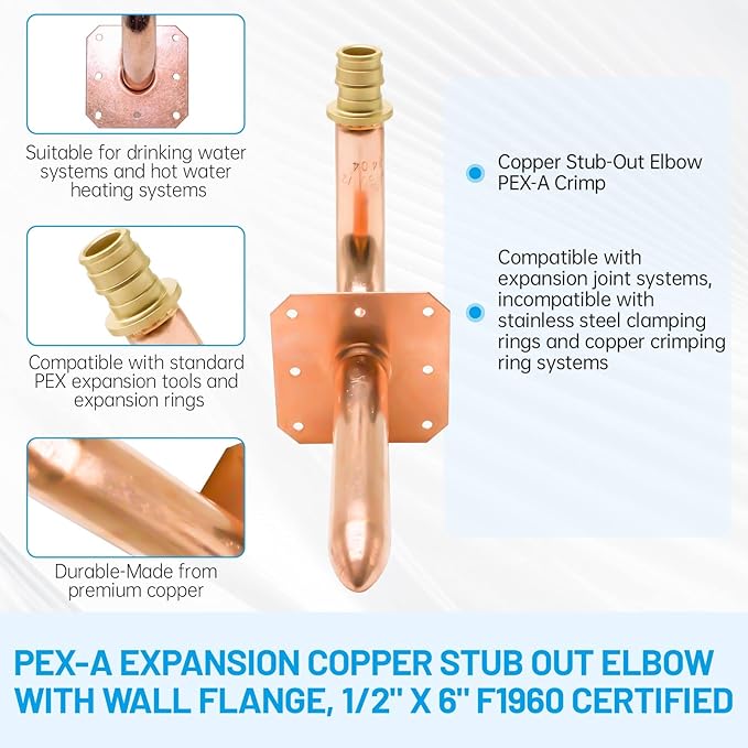 PEX-A Expansion Copper Stub Out Elbow with Wall Flange, 1/2" x 6" F1960 Certified - Lead-Free Plumbing Fittings for PEX-A Tubing (4 Pack)