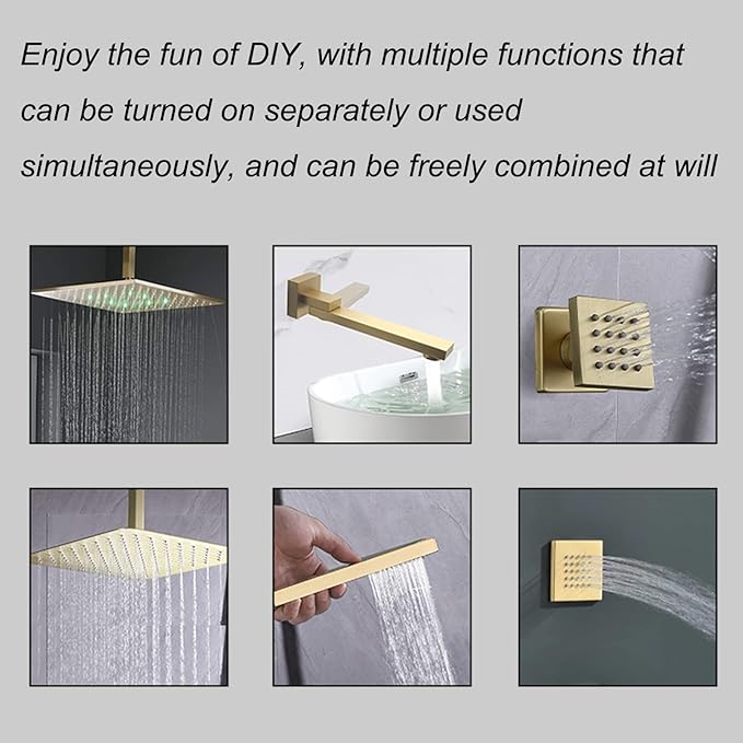 Concealed Mount Brass Shower Valve, Digital Temperature Display, Flow Control Mixing Valve, 2 Function, Brushed Gold