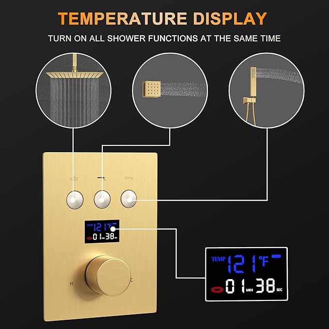 AYIVG Brushed Gold Thermostatic Mixer Valve Temperature Display 3 Way Function Shower Diverter Valve Brass Faucet Shower Rough-In Mixer Valve Kit Can Use All Options At a Time