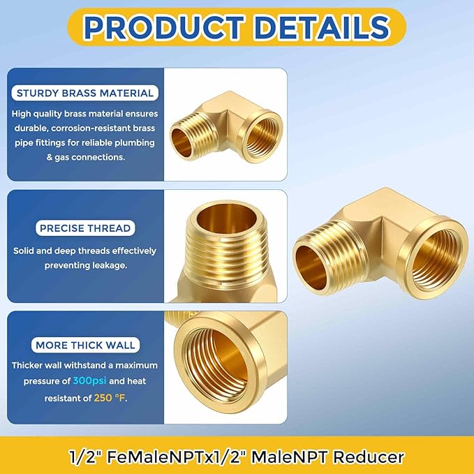2 Pack Brass Pipe Fittings, 90 Degree 1/2" FeMale NPT to 1/2" Male NPT Barstock Street Elbow W/Sealing Tape, Forged Pipe Fitting Connector for Air, Oil, LP