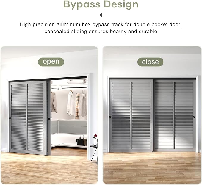 EaseLife 8FT/96in Bypass Double Sliding Pocket Door Hardware Kit, Aluminum, Black, Modern Style