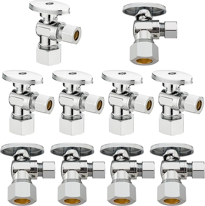 (10 Pack) Lidertik 5/8 inch Compression (for 1/2 inch Normal Pipe) Angle Stop Valve 1/2 inch x 3/8 inch Compression for Water Toilet Bathroom Sink Brass Plated Chrome 1/4 Turn Valve JF-COMP-A(10 PCS)