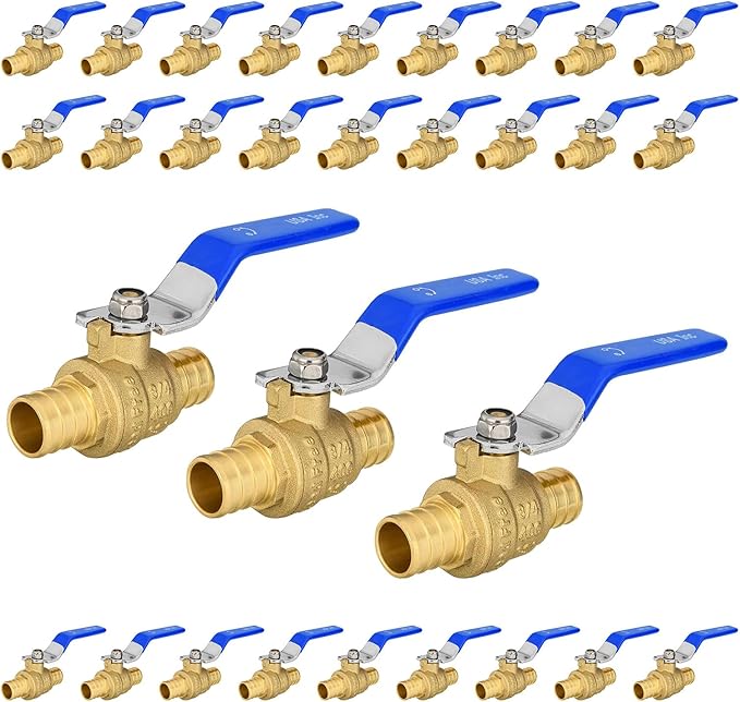 30-Pack Foskan 3/4 Inch PEX Crimp Full Port Ball Valve with Blue Handle, Brass Quarter Turn Shut-off Valve for PEX Tubing