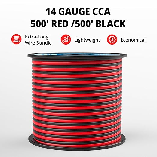 NAOEVO 14 Gauge Wire 500FT, 2 Conductors Electrical Wire Red Black Cable, Flexible/Low Voltage/PVC 14 AWG Copper Clad Aluminum Extension Cord for Speaker, LED Strips, Automotive 12V/24V DC