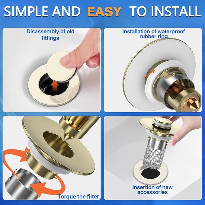 Sink Stopper Hair Catcher, Pop-up Sink Drain Strainer with Removable Stainless Steel Strainer Basket Hair Catcher, Bathroom Sink Strainer for Bathroom Sink Stopper Replacement(Brushed Gold-2PCS)