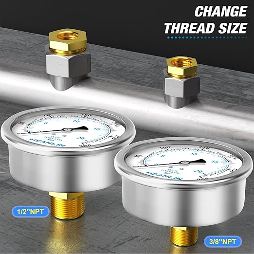 MEANLIN MEASURE 0~300Psi Stainless Steel 1/4" NPT 4" FACE DIAL Liquid Filled Pressure Gauge WOG Water Oil Air Back Mount, with 1/4" x 1/2" NPT and 1/4" x 3/8" NPT Hex Bushing