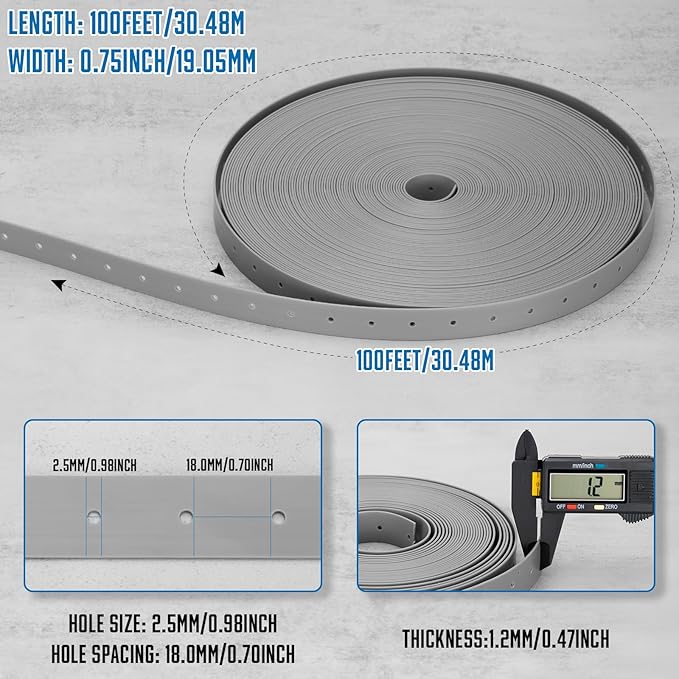 Plastic Hanger Strap 3/4 Inch x 100 Feet Reinforced Flexible Hanger Strap for Pipe & Ducts Securing in Plumbing & HVAC, Gray