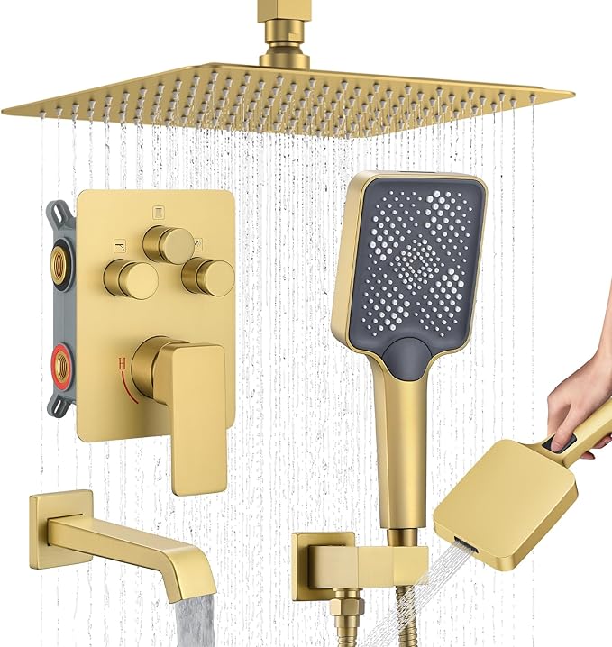 Bathtub Shower Faucet Set with Pressure Balance Valve, 12" Ceiling Mount Shower System with Tub Spout Multi-function Handheld Head Push Button Diverter Shower Trim Kit, Brushed Gold