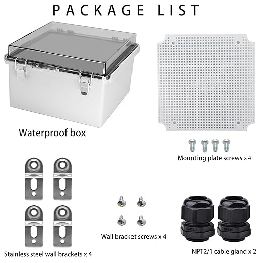 Waterproof Electrical Box with Mounting Plate, IP67 Junction Box Stainless Steel Latch Hinged Clear Cover Project Enclosure with Wall Bracket and 2 Glands 8.3" x 8.3" x 5.1"