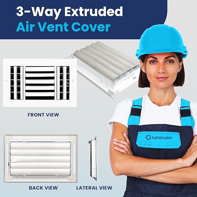 10x6 Inch (Duct Opening) Aluminum 3-Way Air Flow Vent – HVAC Vent Cover for Wall or Ceiling – Quiet HVAC Wall Register with Multi-Shutter Damper – Adjustable Curved Blade - Plastic Seal for Tight Fit