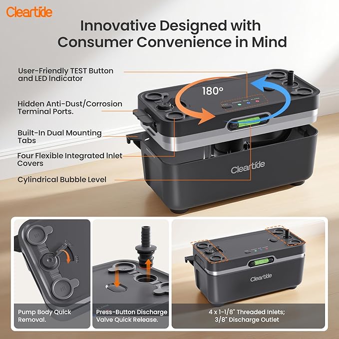Cleartide Condensate HVAC Pump, Ultra-Quiet 25dB, 1/30 HP 135 GPH, Automatic Condensate Removal Pump with Safety Switch for Air Conditioner/Furnace/Dehumidifier/Ice Machine, 100-240V, 27ft Head Height
