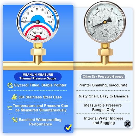 MEANLIN MEASURE 0-160Psi Stainless Steel Thermal Pressure Gauge 30-250℉ 1/4" NPT 2.5" FACE DIAL Liquid Filled Pressure Gauge, with 1/2" NPT and 3/8" NPT Hex Bushing, Lower Mount