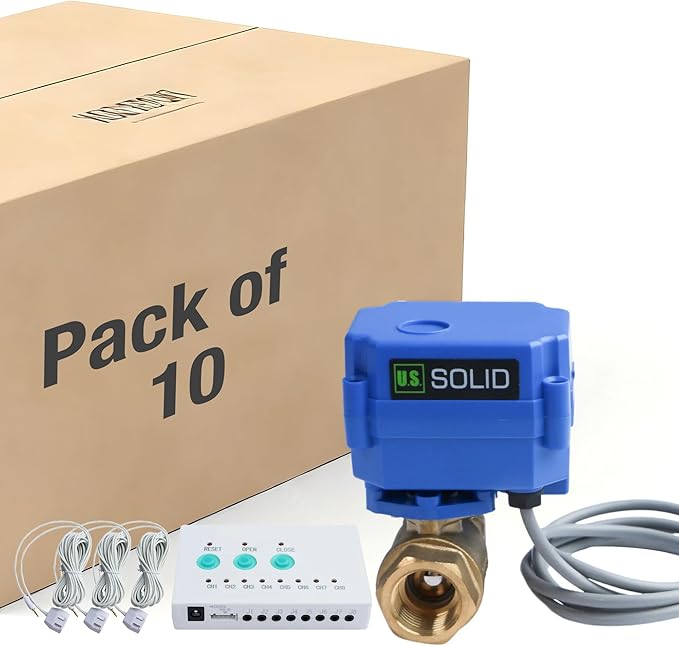 U.S. Solid Water Leak Detector - Water Leak Detect and Protect System with 3/4" Brass Motorized Ball Valve, Controller and 3 Sensors(Pack of 10)
