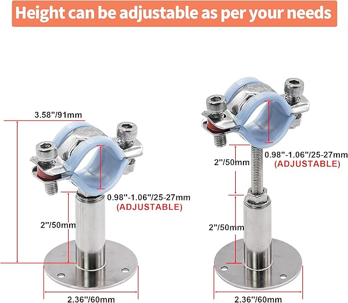 AKIHISA 2 Pcs 304 Stainless Steel Pipe Supports, Wall Mount Ceiling Mount Pipe Hanger, Pipe Holder for OD Pipe 25-27MM Adjustable Height Range 50-100mm