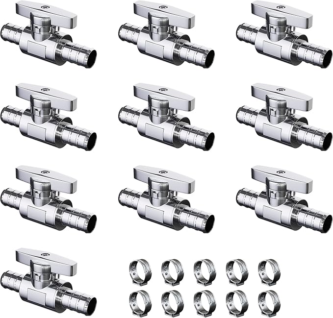 10 Pack Straight Shut Off Valve, 1/2" Pex x 1/2" Pex Straight Stop Valve, Quarter Turn Faucet Valve, Chrome