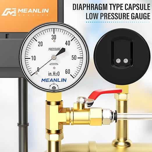 MEANLIN MEASURE 0-60 in H2O Diaphragm Type Capsule Low Pressure Gauge 1/4" NPT 2-1/4" FACE DIAL Adjustable Water Column Gauge, with 1/4" x 1/2" NPT and 1/4" x 3/8" NPT Hex Bushing, Lower Mount
