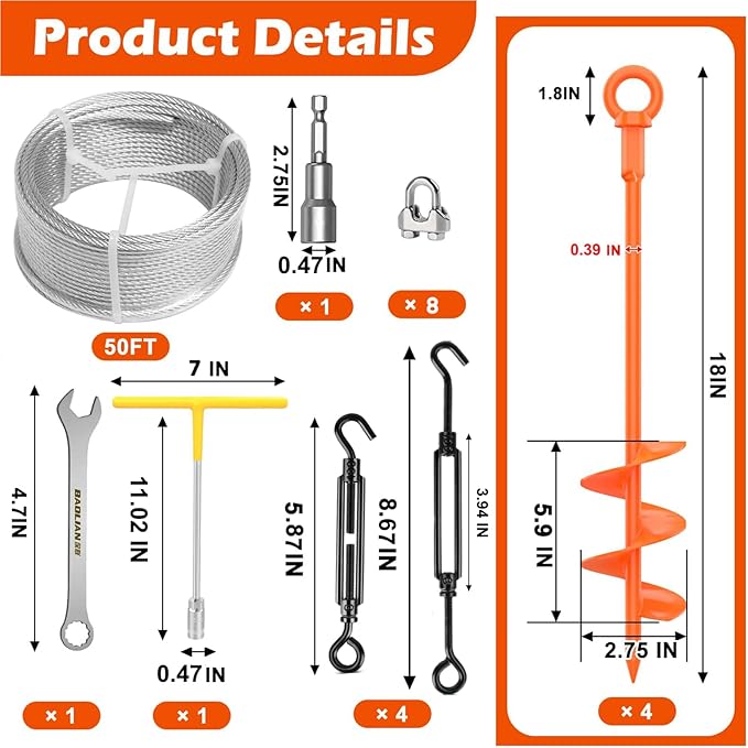 4 Pack 18" Fully Welded Ground Anchors Shed Anchor Kit with 1/8" Galvanized Cable, Heavy Duty Earth Anchors High Wind Screw in for Trampoline Swingset Tent Greenhouses (Orange)