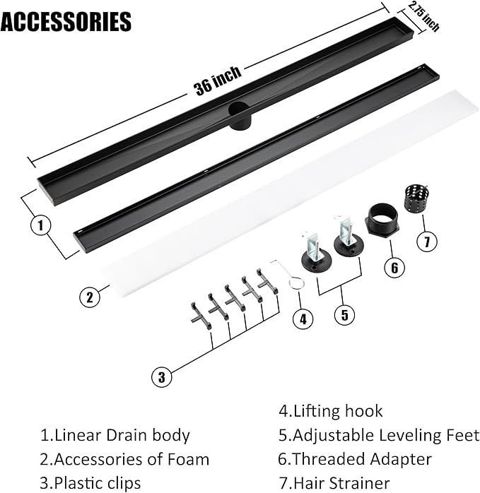 36 inch Linear Shower Drain with Removable Square Hole Panel by Using 304 Stainless Steel Process, Linear Drain Equipped with Adjustable Feet and Hair Strainer（Matte Black Color）