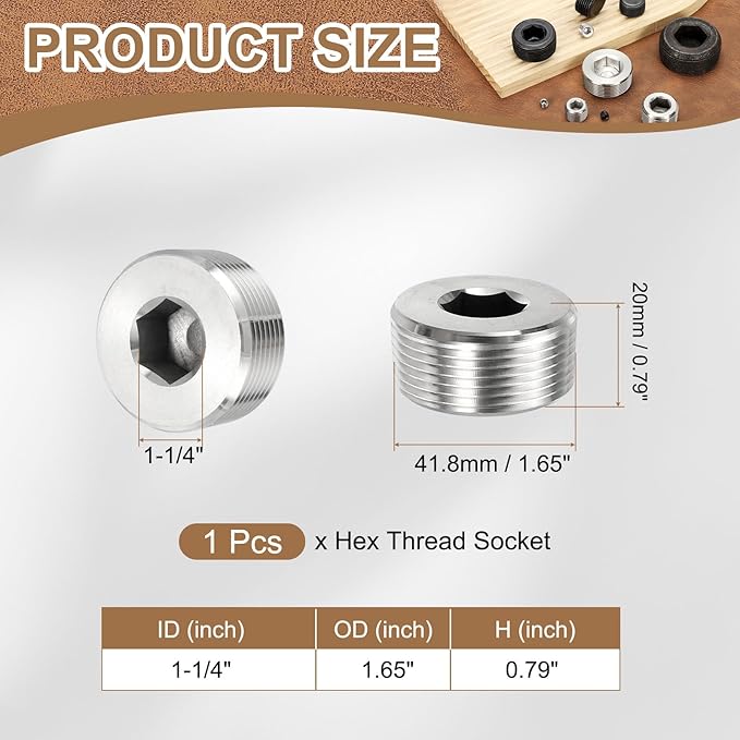 Pipe Plug Stainless Steel Internal Hex Thread Socket Pipe Plug Fitting - Fitting for (Sealing Port - Air Tanks - Water Outlets) 1-1/4 Inch NPT Male