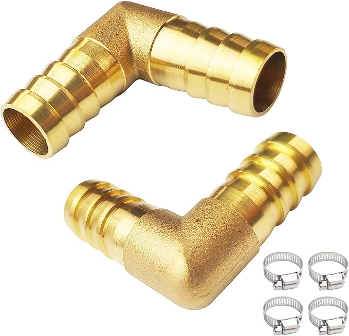 2PCs 5/8" Brass Hose Barb Fitting 90 Degree Elbow Barbed Splicer Mender Union Fitting with 4PCs Hose Clamp for Oil Water Air