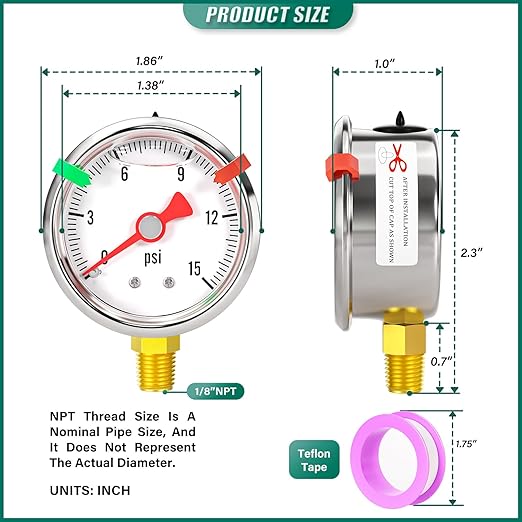 0-15psi Stainless Steel Glycerin Liquid Filled Pressure Gauge1/8 NPT 1.5" Dial, Lower Mount for Pressure Testing of Water, Oil and Air (with Range Mark Pointer)