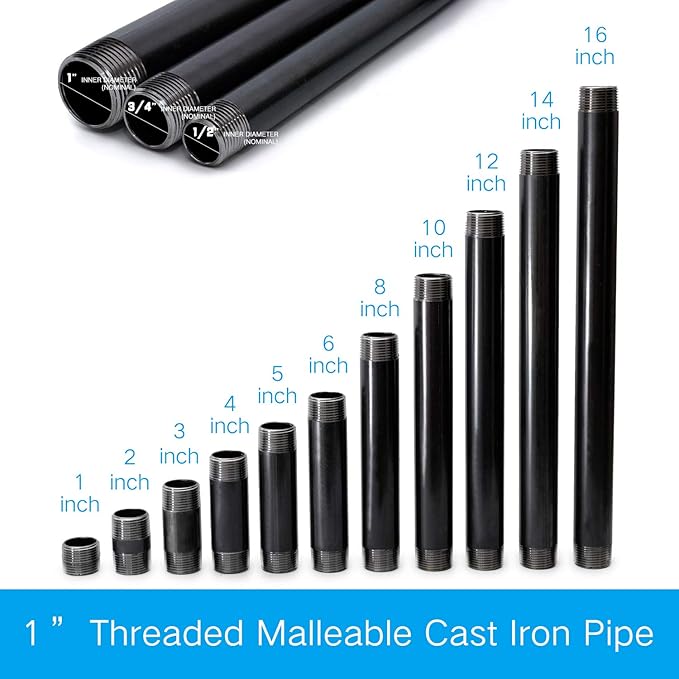 1"x14" Industrial Pipe, Home TZH 10 Pack Iron Pipe, Heavy Duty Pre-Cut Steel Pipe, Threaded Metal Pipe Nipple for Industrial Vintage Style DIY Project/Furniture/Shelving Decoration (1"x14", Grey)