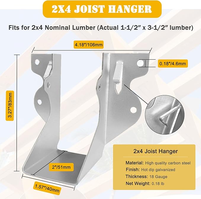[20 Pack] 2x4 Joist Hanger, 18 Gauge LU28 Galvanizing Face Mount Joist Hangers, Wood Hurricane Ties, Rafters Tie