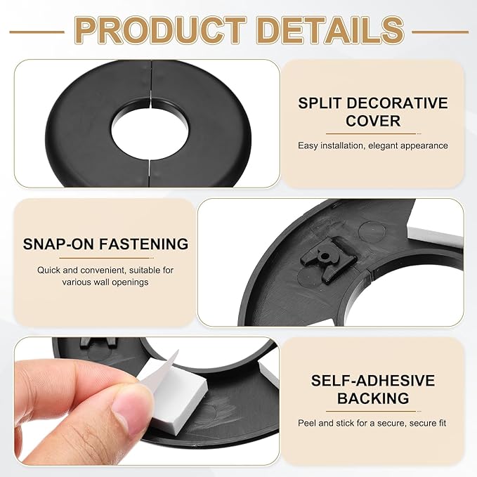 PATIKIL Wall Split Flange 95mm / 3.7" OD, 4 Pcs Round Escutcheon Plate Cover PPR Plumbing Cover Plates with Self-Adhesive Tape for 33.5mm / 1.3" Dia Water Pipe Faucet, Black