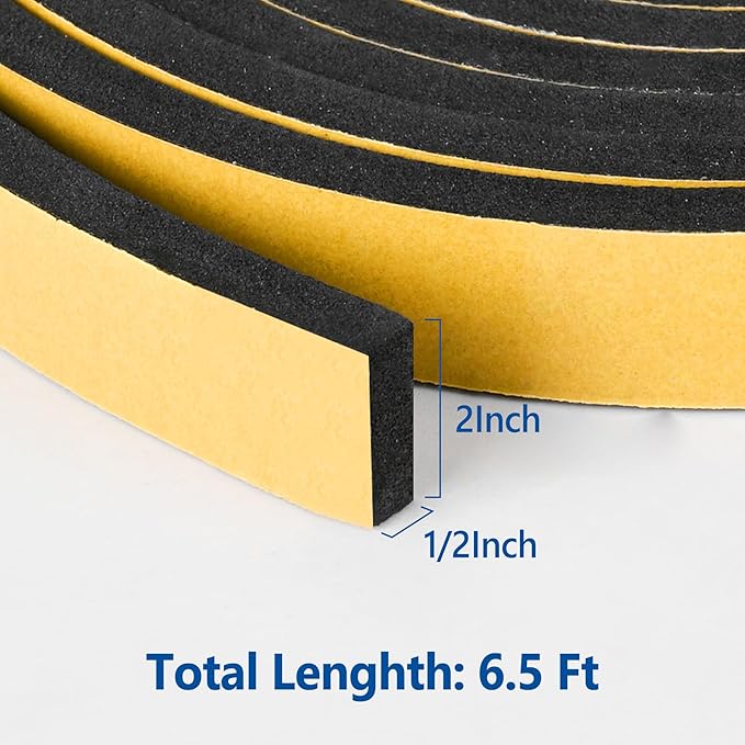 Kikerike Self Adhesive Foam Tape Weatherstrip 2in x 1/2in x 6.5Ft High Density Foam Insulation Strips Seal Weather Stripping with Strong Adhesive for Door and Window Sound Isolation Soundproofing