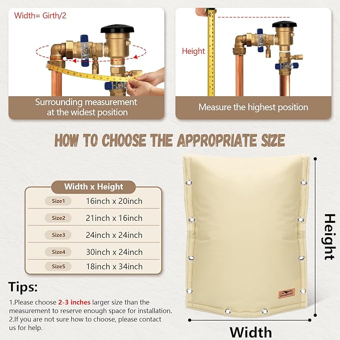 Backflow Preventer Insulation Cover - 3 Way Opening Pipe Insulation Cover for Irrigation Valve, Sprinkler Cover for Outside - Winter Freeze Protection Backflow Cover - 21" W x 16" H, Beige