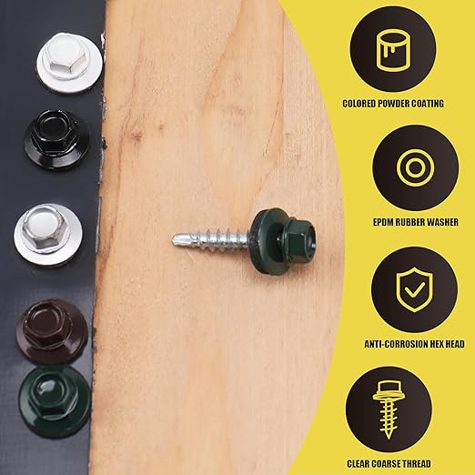 300pcs #10 x 1 Green Hex Head Self-Drilling Metal Roofing Screws, EPDM Washer, Colored Head, Wood Screws, Sheet Metal Roof Screw with Hex Driver Bit