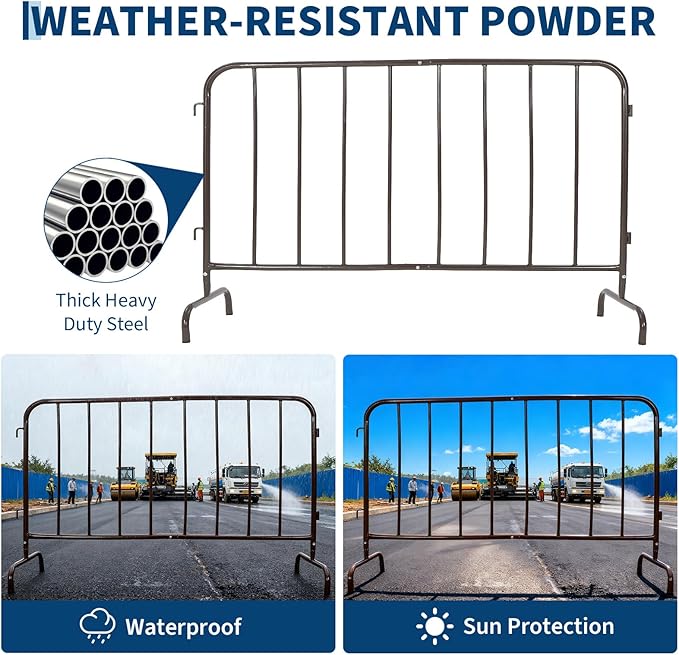 Interlocking Steel Barricade, 5 Ft. Heavy Duty Galvanized Metal Barricade, Interlocking Steel Road Barriers with with Bridge Feet Base, for Crowd Control Event Fencing Indoor/Outdoor, Brown