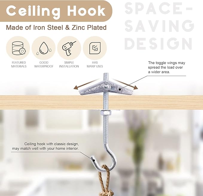 64Pcs M6×70 Heavy Duty Carbon Steel Ceiling Hooks Spring Toggle Wing Bolts Wall Fixing Ceiling Hooks Pothook Wall Fixing Anchors Ceiling for Hanging Plants