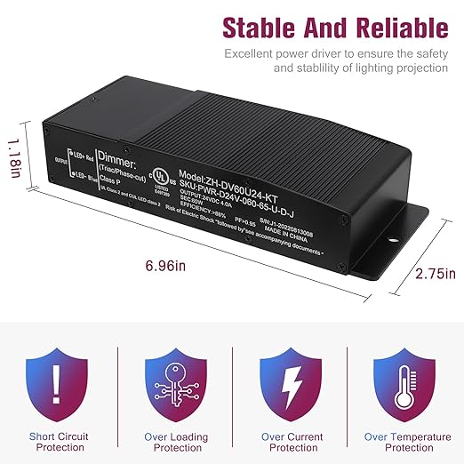 EMITEVER Dimmable LED Driver,60W 24V Triac Power Supply, AC to DC LED Transformer for LED Light,Compatible with Lutron and Leviton Dimmer,Waterproof IP67 and UL Listed,Class 2,Class P