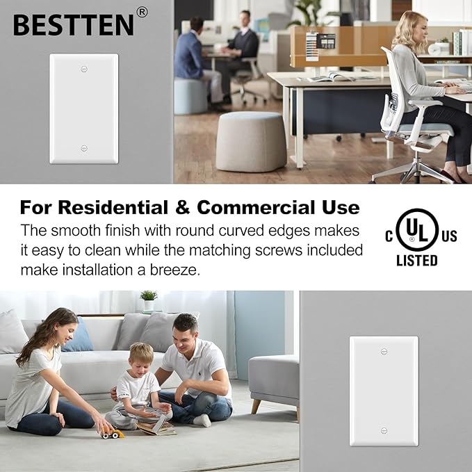 BESTTEN 10 Pack 1-Gang No Device Blank Wall Plate, UL Listed, Standard Size, H4.53” x W2.76”, Unbreakable Polycarbonate Thermoplastic Outlet Cover, White