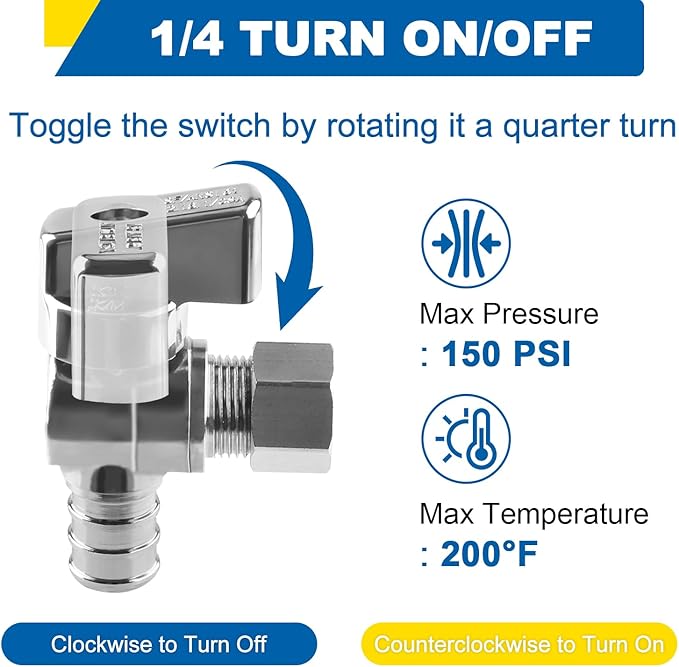 1/4 Turn Angle Stop Valve, 1/2" Crimp Pex F1807 X 3/8" OD Compression For Toilets And Faucets (Pack of 2)