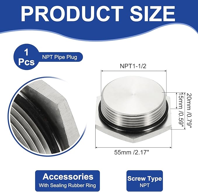 MECCANIXITY NPT Pipe Plug Fitting, 304 Stainless Steel NPT1-1/2 Male Outer Hex Thread for Plumbing Fixed with Sealing Rubber Ring