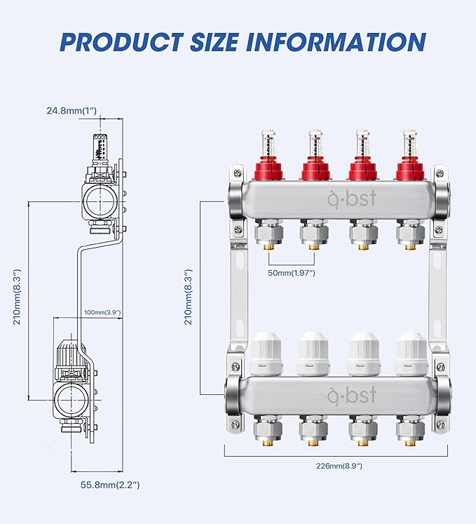ABST PEX Manifold,4 Loop Stainless Steel Floor Radiant Heat Manifold Kit with 1/2" Adapters Included for Hydronic Radiant Floor Heating