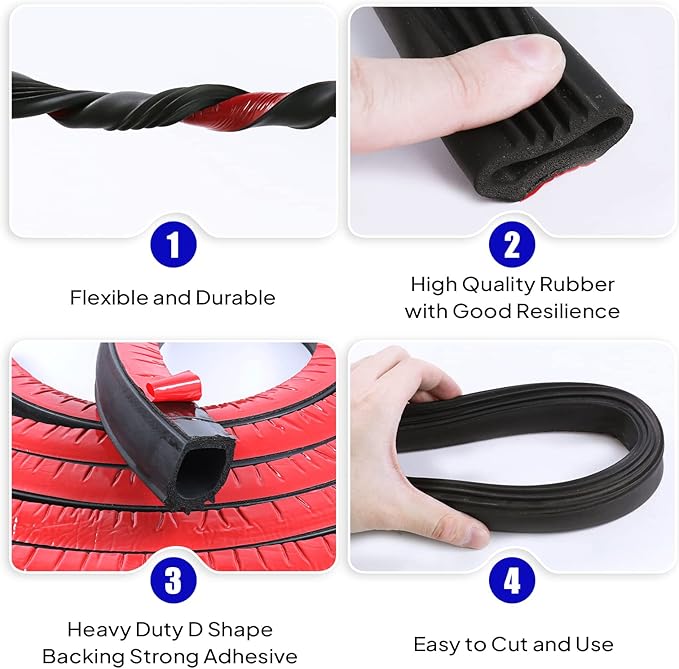 D Shape Door Rubber Seal Strip,1" RV Slide Out Seal Self-Adhesive EPDM Rubber,Heavy Duty Automotive Weather Stripping for Fill Gaps,Apply to Car,Truck,RV,Boat and Home Application (12ft)