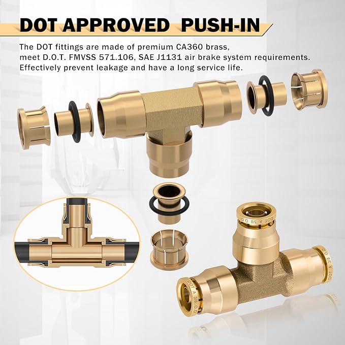 CheeMuii 13 PCS Brass DOT Air Line Fittings Kit 1/4 3/8 1/2 DOT Quick Connect Air Fittings Tee Union Push to Connect Air Hose Fittings for Semi Truck Trailers Air Brake System
