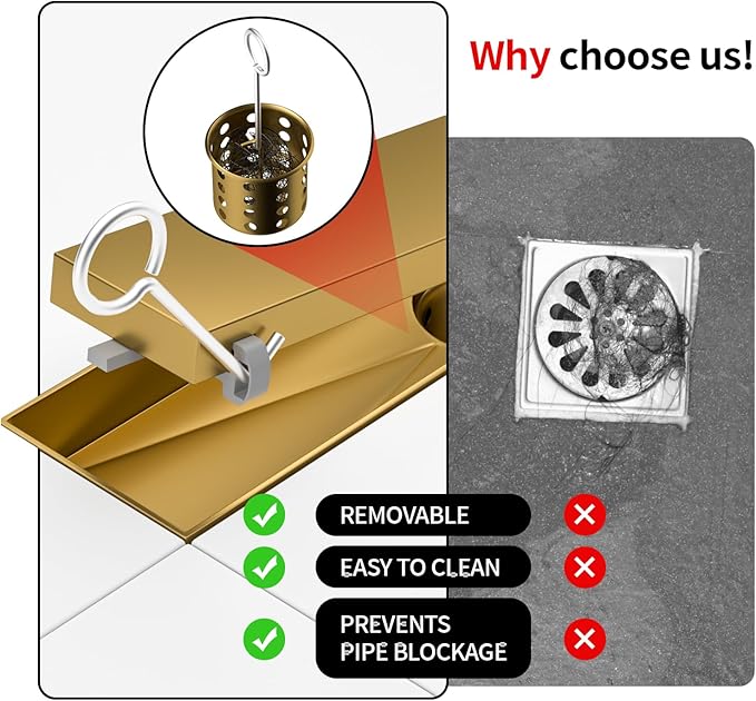 Linear Shower Drain, 304 Stainless Steel with Adjustable Leveling Feet, Hair Strainer,Reversely Install Place to Create an Invisible Floor Drain - Gold -48-Inch