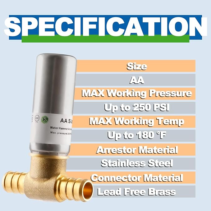 Stainless Steel Water Hammer Arrestor, 1/2 Inch Pex Crimp Tee Hammer Arrestor For Potable Water Plumbing Application, F1807 Tee Connection