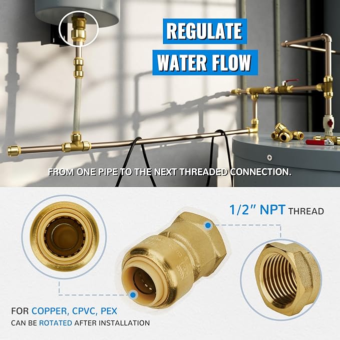 SUNGATOR 1/2 Inch Female Adapter, 1/2 Inch FNPT Adapter, No Lead Brass Push-to-Connect Female Plumbing Fittings for PEX Pipe, Copper, CPVC, with 1 Disconnect Clip, Pack of 2
