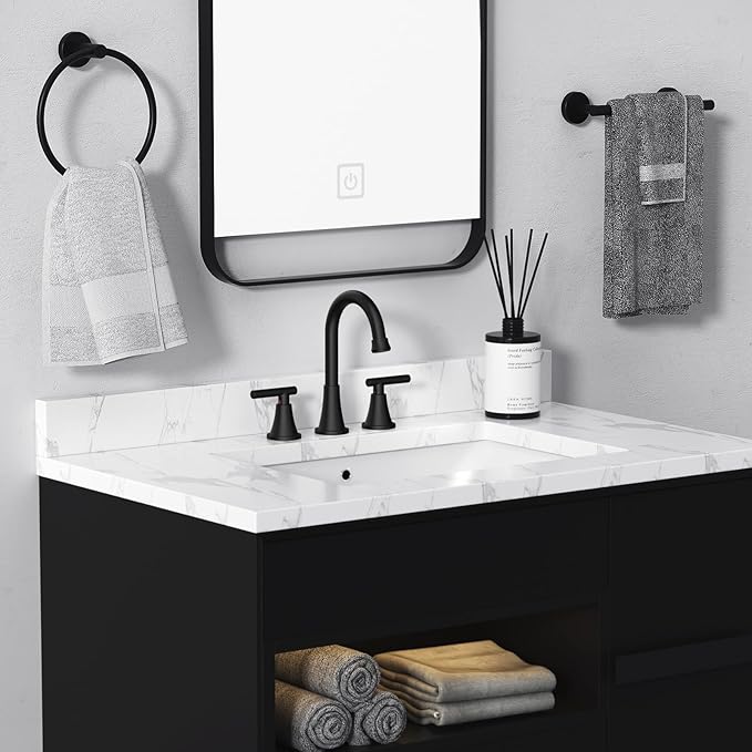 Bathroom Faucets for Sink 3 Hole, Hurran Matte Black Bathroom Sink Faucet with Pop-up Drain and Supply Lines, Stainless Steel Lead-Free Widespread Faucet for Vanity RV Farmhouse Sink