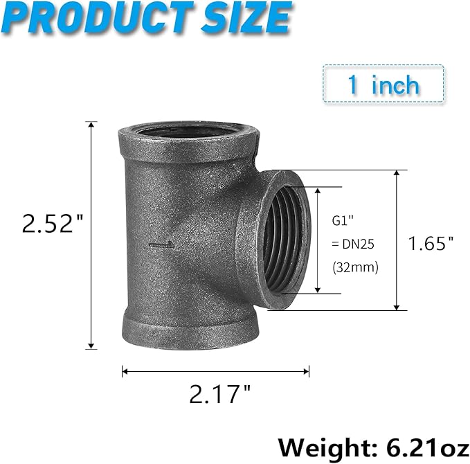 1" Pipe Fitting Tee, 30 Pack DN25 Threaded Cast Malleable Iron Tee for Steampunk Vintage Shelf Bracket DIY Plumbing Pipe Decor Furniture (30, 1")